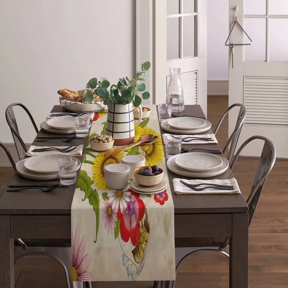 Bee Sunflower Vintage Modern Table Runner Holiday Party Decoration Wedding Tablecloth Dining Table Accessory