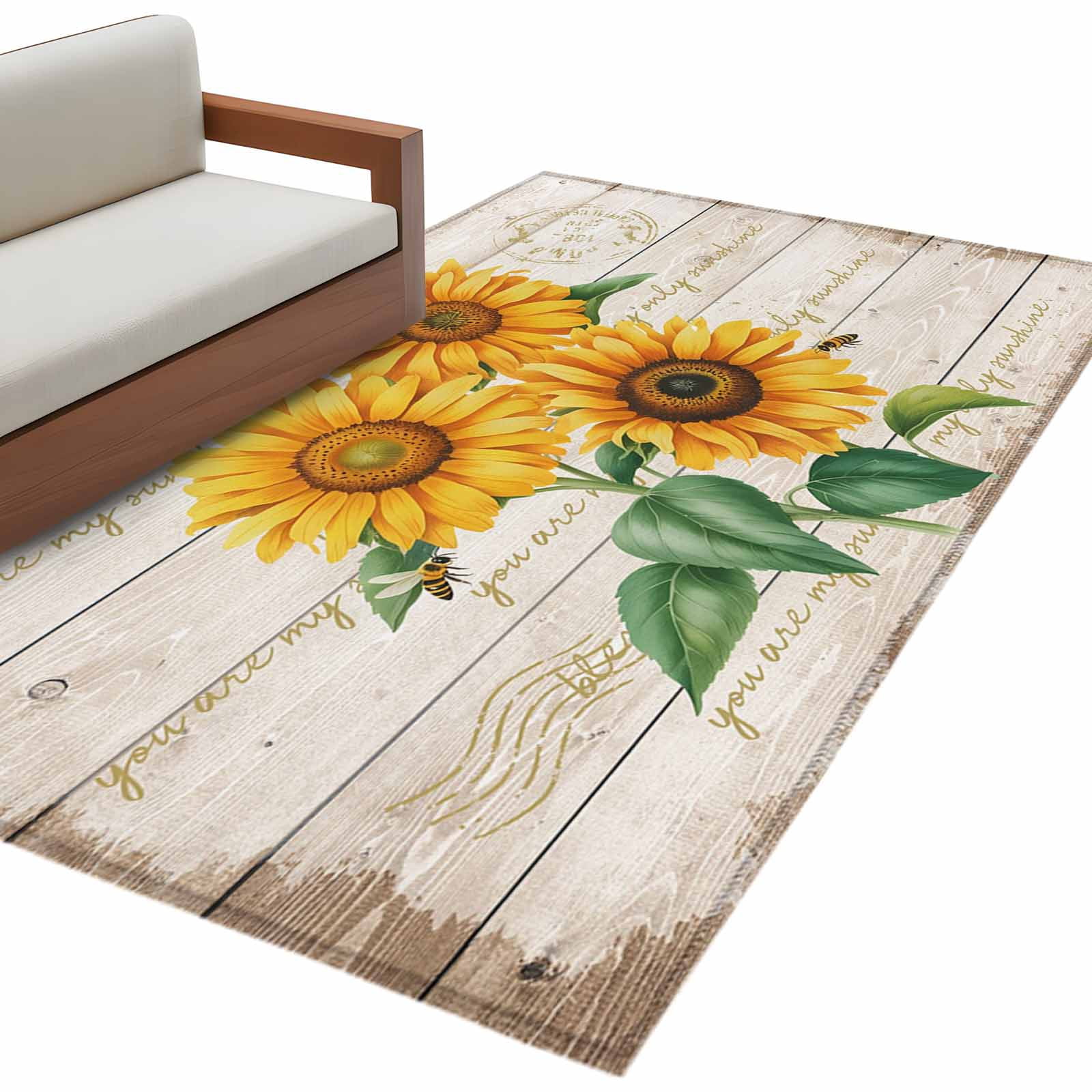 Bee Yellow Rug Bee Sunflower Washable Area Rug 4 x 6 ft Yellow Floral Wood Grain ...