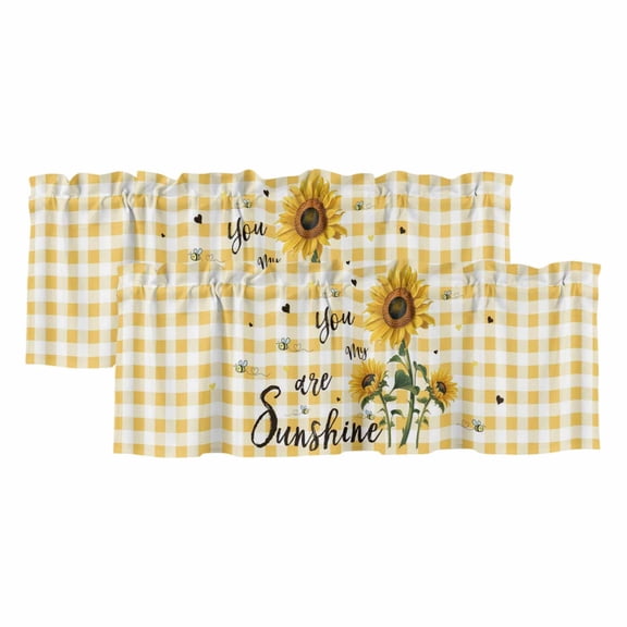 Bee Sunflower Window Valance, Yellow Gingham You Are My Sunshine 2 Pack Decorative Curtain for Small Windows, Light Filtering Valance with 3” Rod Pocket, 42"W x 12"L