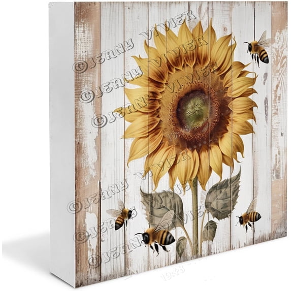 Bee and Sunflower Wooden Box Sign Bee Gifts Farmhouse Decor Boho Bathroom Decor Country Nursery Decor Shelf Decor Accents Wood Block Signs Housewarming Gifts 7x7 In