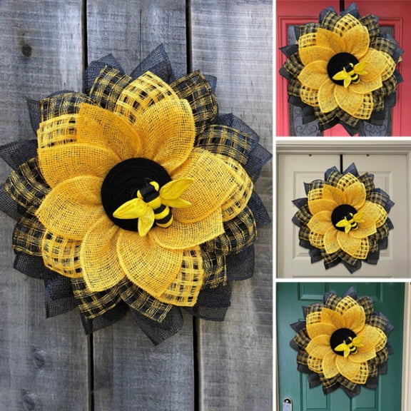 Bee Sunflower Wreath Spring,Honey Bee Day Decorations,Handmade Artificial Garland,Hanging Pendants Ornaments,Farmhouse Front Door Wreath,13 Inch