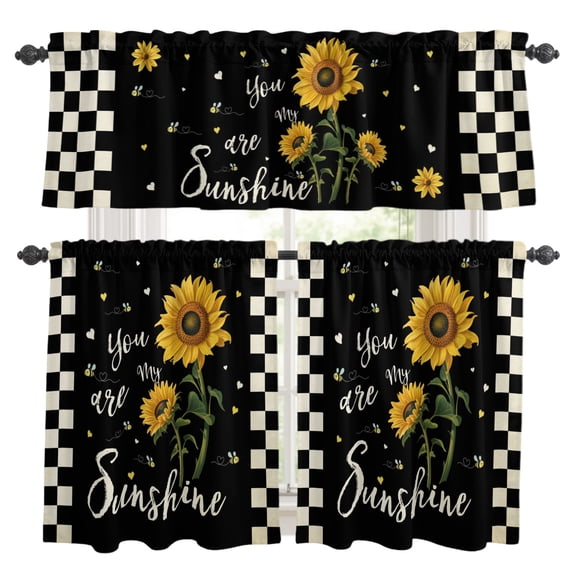 Bee Sunflowers Kitchen Curtains Set for Windows, Black Plaid You Are My ...