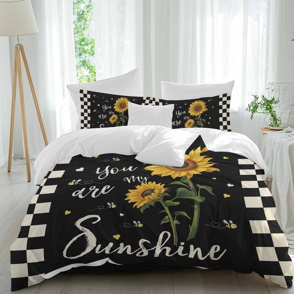 Bee Sunflowers Queen Size Comforter Set, Black Plaid You Are My Sunshine Idyllic Bedding for All Seasons, 4 Pcs Bed Set, 1Quiltcover (90"x92") ,1Sheet(94"x116"), 2Pillowcases (30"x20")