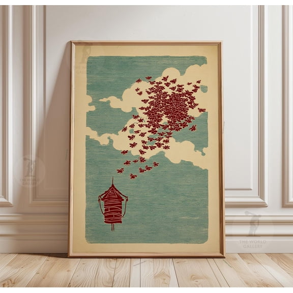 Bee Swarm Poster Blue Red Minimal Style Paper Wall Art