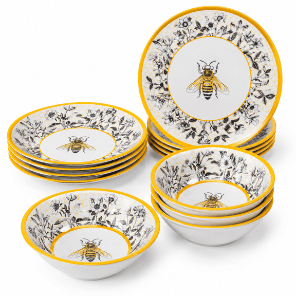 Bee Sweet 12-Piece Dinnerware Set with Floral Bee Design for Indoor and Outdoor Use