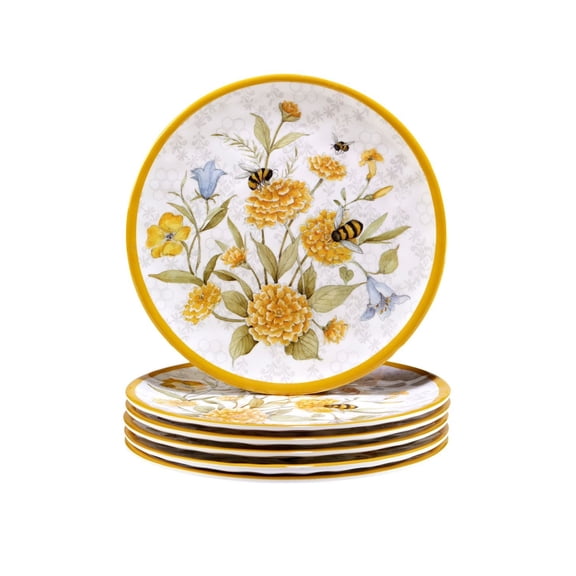 Bee Sweet Melamine Plates, Set of 6 with Bee and Flower Design