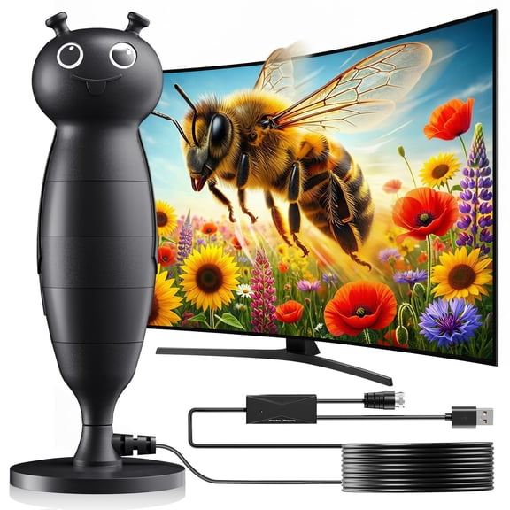 Bee TV Antenna, Cartoon Bee Design TV Digital HD Antennas Long Range Reception for Local Channels 4K 1080P with Amplifier Signal Booster 15ft Long Cables