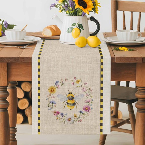 Bee Table Runner 13x36 Inch Insects Yellow Floral Wreath Pastoral Linen Texture Country Cotton Linen Dining Table Runner Ideal for Dresser Kitchen Coffee Tables - Machine Washable