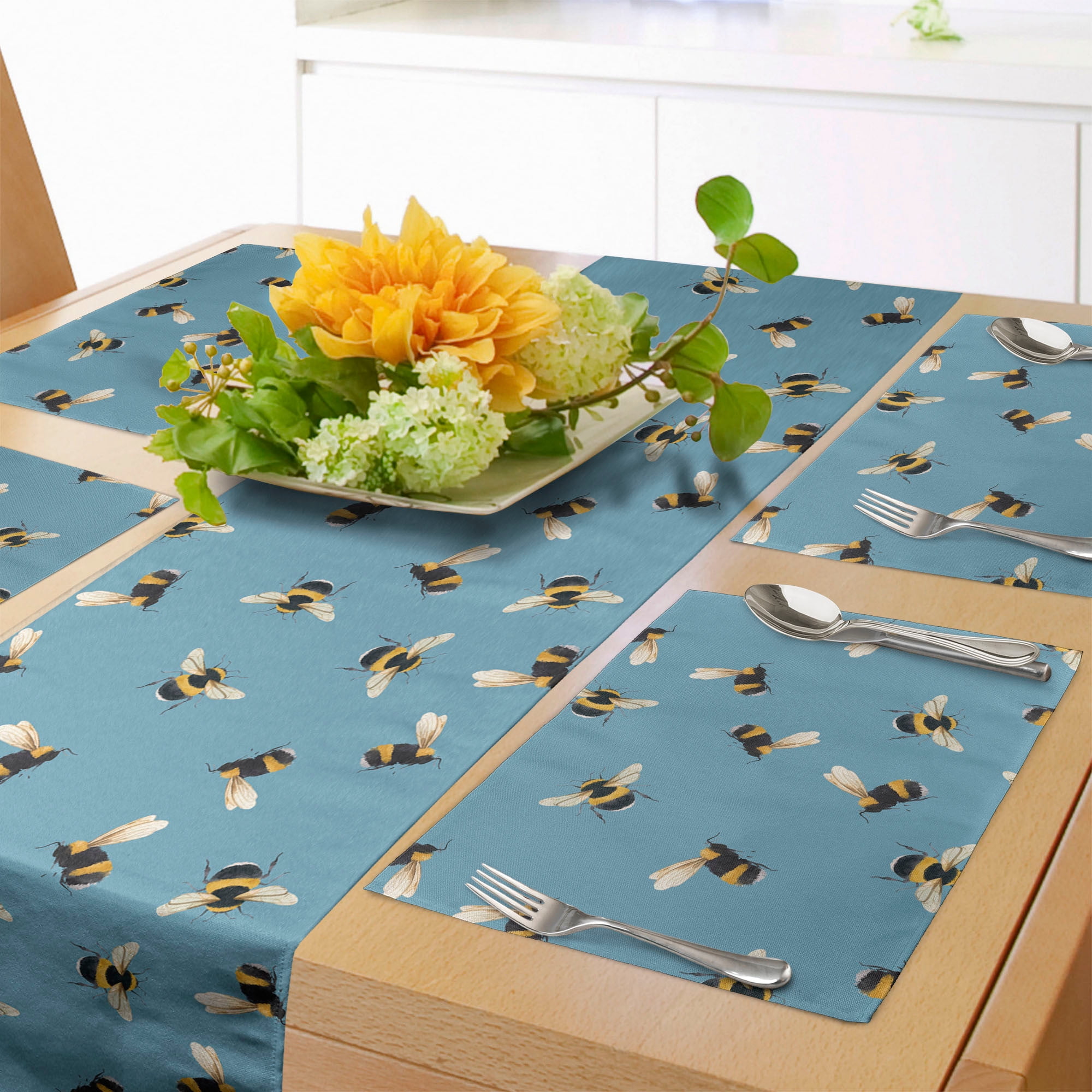 Bee Table Runner & Placemats, Continuous Winged Spring Summer Insects Bumblebee Motifs on Plain