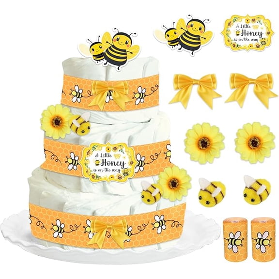 Bee Theme Baby Shower Diaper Cake Decorations, A Little Honey Is on the Way Honey Bee Card Bee Grosgrain Ribbon Artificial Sunflowers Mini Felt Bees Decor for Bee Baby Shower Party Supplies