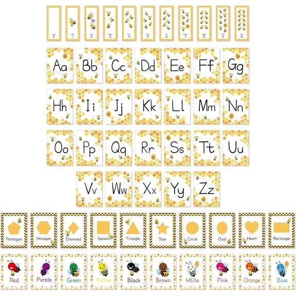 Bee Theme Bulletin Board Decoration Alphabet Colors Shapes Numbers Educational Cards for Toddlers Bee Theme Classroom Supplies Honeycomb Flash Cards Bulletin Board Decoration Poster for Preschool