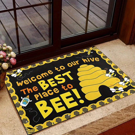 Bee Theme Non-Slip Flannel Doormat "Welcome to Our Beehive" - Cheerful Indoor Outdoor Mat for Entryway Kitchen Bathroom, Easy Clean Home Decor Gift