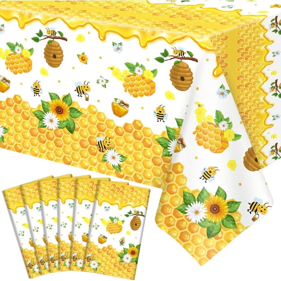 Bee Theme Party Tablecloth Set, 6 Pack Rectangle Table Covers, 51 X 86 Inch, Honey Bee And Bumblebee Print, For Baby Shower And Birthday, Happy Bee Day