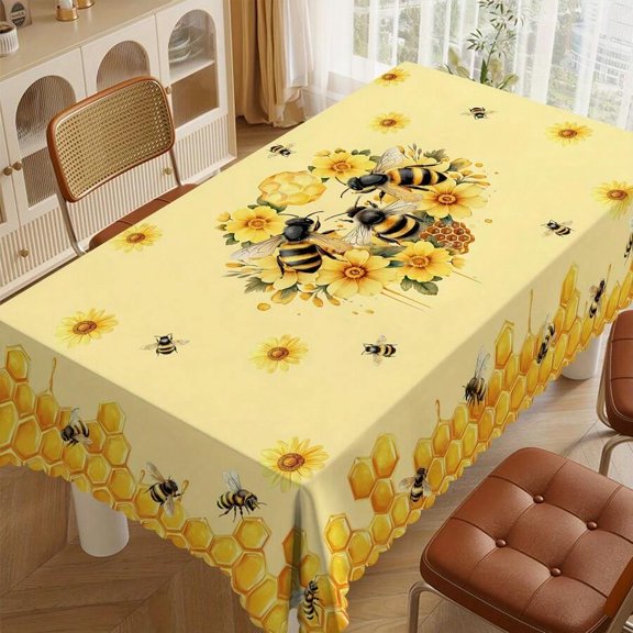 Bee Theme Tablecloth - White Floral Honeycomb Print, Rectangular, Machine Washable, 1 Piece