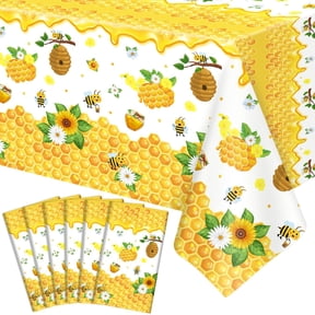 Bee Theme Party Tablecloth Set, 6 Pack Rectangle Table Covers, 51 X 86 Inch, Honey Bee And Bumblebee Print, For Baby Shower And Birthday, Happy Bee Day