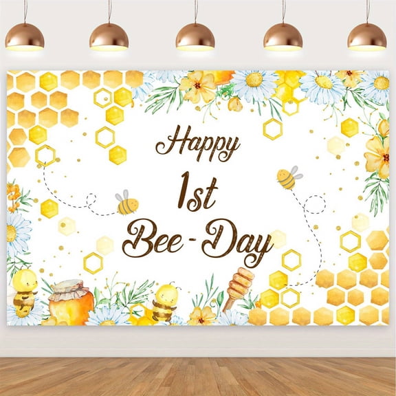 Bee Themed 1st Birthday Backdrop, Happy 1st Bee Day Party Background, 4.9 x 3.3 ft Vinyl Photo Banner with Corner Grommets and White Ribbon for First Birthday Cake Table Wall Decor Photo Booth Decor