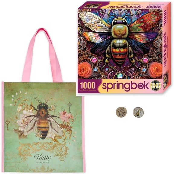Bee Themed Gifts: 1000 Piece Amazing Bee Art Puzzle by T S Larking, 2 Bee Kind Tokens, and Christian Faith Bumble Bee Tote Bag (Inspired by Kindness, Friendship, Emotional Support, and Healing)