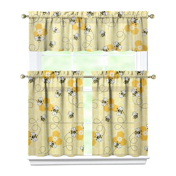 Bee Themed Kitchen Curtains 3 PC Set - Honey Yellow Print, Tier & Valance Window Treatment, Rod Pocket Farmhouse Curtains, Gift for Bee Lovers, Cute Cartoon Design
