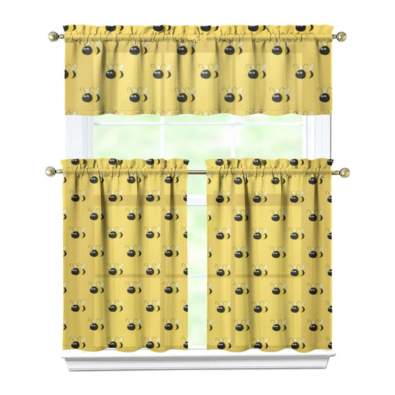 Bee Themed Kitchen Curtains 3 PC Set - Honey Yellow Print, Tier & Valance Window Treatment, Rod Pocket Farmhouse Curtains, Gift for Bee Lovers, Cute Cartoon Design