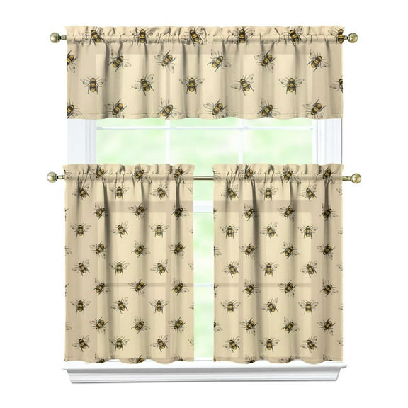 Bee Themed Kitchen Curtains Set of 3 - Queen Bee Print, Farmhouse Tier Curtains with Valance, Gift for Bee Lovers, Easy Care Fabric