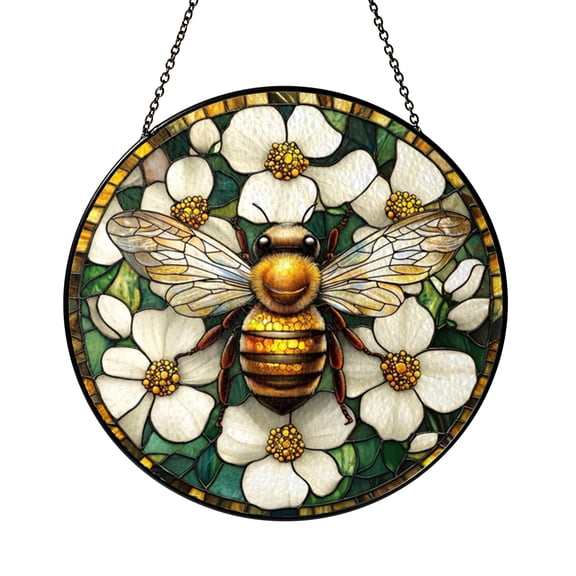 Bee Themed Stained Glass Suncatcher Round Floral Window Decor with Honeycomb Design, Nature Insect Art Pollinator Gift