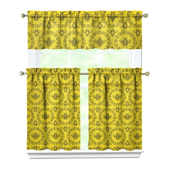 Bee-Themed Tier Curtains Set of 3 - Cute Cartoon Yellow Queen Bee Design, Semi-Sheer Kitchen Window Panels with Matching Valance