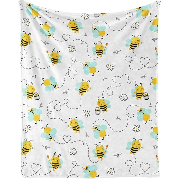 Bee Throw Blanket, 40" x 30" Flannel Cute Bees Themed Printed Stuffed Animal Plush White Blankets, Soft Nap Throw Blanket for Home Boys Girls Women Bee Lovers Gifts