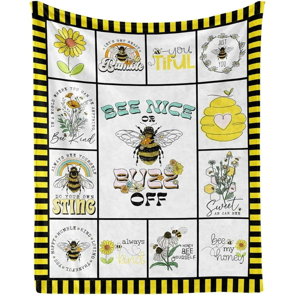 Bee Throw Blanket, 50" x 40" Flannel Cute Bees Themed Printed Stuffed Animal Plush White Blankets, Soft Nap Throw Blanket for Home Boys Girls Women Bee Lovers Gifts