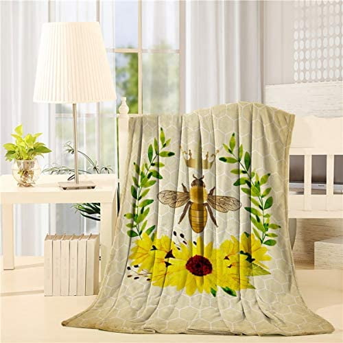Bee Throw Blanket 60" x 80", Lightweight Super Soft Bed Blanket for Bedroom Living Rooms, Cozy Fleece Comfy Microfiber Throw Blankets for Couch Sofa, Hexagonal Pattern Honeycomb Beehive Sunflower