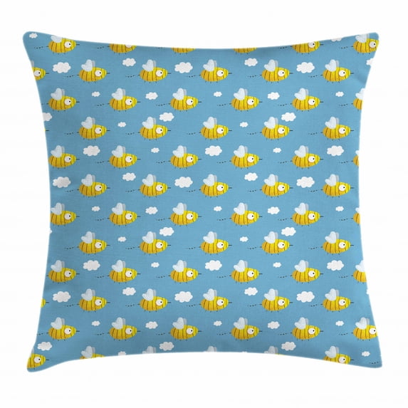 Bee Throw Pillow Cushion Cover, Cute Hand-Drawn Bees with Wings and Enourmous Eyes Flying in the Blue Sky with Clouds, Decorative Square Accent Pillow Case, 24 X 24 Inches, Multicolor, by Ambesonne