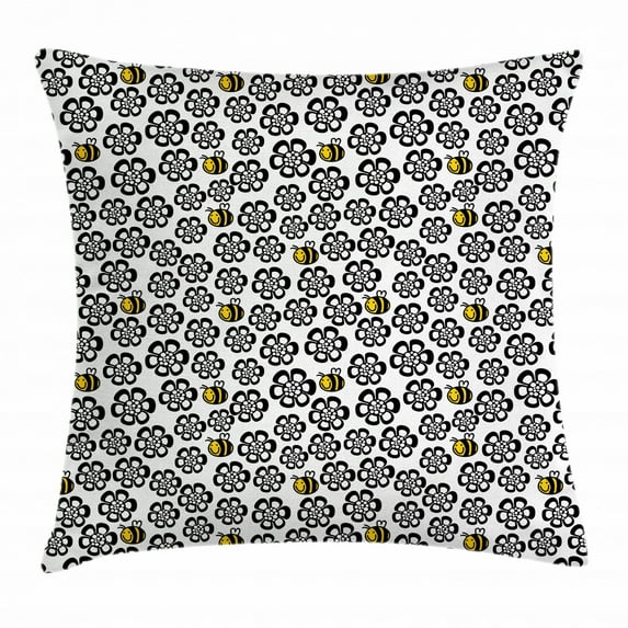 Bee Throw Pillow Cushion Cover, Silhouette Floral Pattern with Colored Cartoon Bees Flying in Botany Nature, Decorative Square Accent Pillow Case, 18 X 18 Inches, Black White and Yellow, by Ambesonne