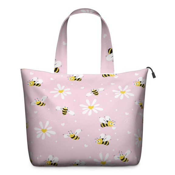 Bee Travel Duffel Bag, Honeybee Lover Cartoon Print Weekender Tote, Bumble Bee Pattern Lightweight Multipurpose Carry-on Bag for Women