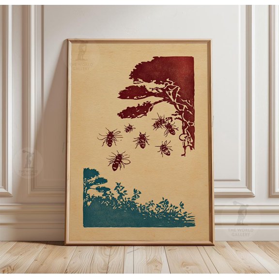 Bee Tree Scene Poster Red Blue Minimal Style Paper Wall Art Decor, Unframed Poster