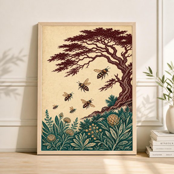 Bee Tree Scene Poster, Vintage Botanical Minimal Style Paper Wall Art , Poster Print Only