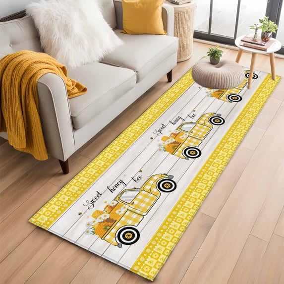 Bee Truck 2'x6' Runner Rug, Yellow Honey Daisy Floral Plaid Wooden Grain Washable Non-Slip Area Rugs for Hallway Kitchen Floor Bedroom Entryway, StainResistant Laundry Carpet Decoration Indoor Mat