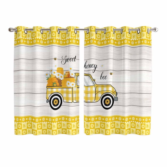 Bee Truck Kitchen Curtains Window Panels, Yellow Honey Daisy Floral Plaid Wooden Grain Insulated Window Treatment Curtain, Grommet Curtains for Bedroom/Living Room/Bathroom, 2 Piece 52"Wx63"L