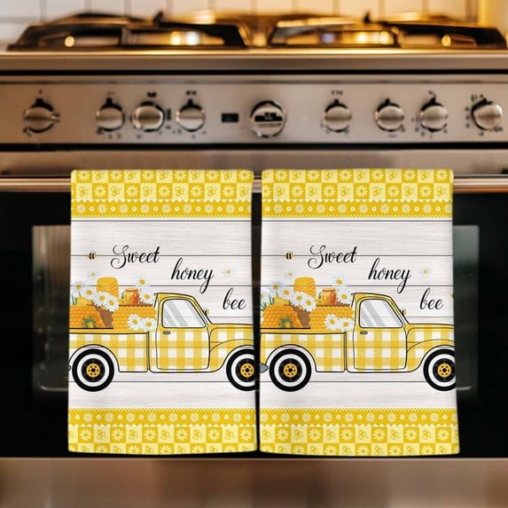 Bee Truck Kitchen Towels Set of 4, Yellow Honey Daisy Floral Plaid Wooden Grain Absorbent Dish Towels for Kitchen, Microfiber Hand Towel, Quick Drying Tea Towel for Cleaning Decorative Dishcloths