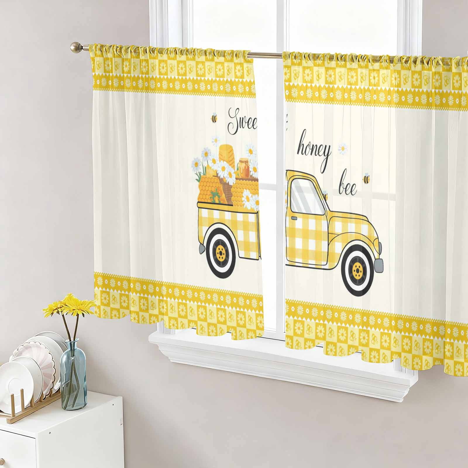Bee Truck Sheer Curtains 45 Inch Length 2 Panels Set Window Treatments ...
