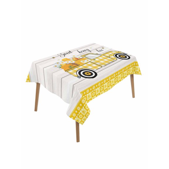 Bee Truck Table Cloth, Waterproof Tablecloth for Rectangle Tables, Yellow Honey Daisy Floral Plaid Wooden Grain Reusable Washable Fabric Table Cover for Restaurant Kitchen Dining Tables 52"x70"