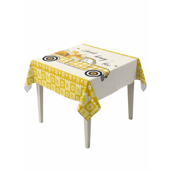 Bee Truck Table Cloth, Waterproof Tablecloth for Square Tables, Yellow Honey Daisy Floral Patterned Plaid Reusable Washable Fabric Table Cover for Restaurant Kitchen Dining Tables 60"x60"