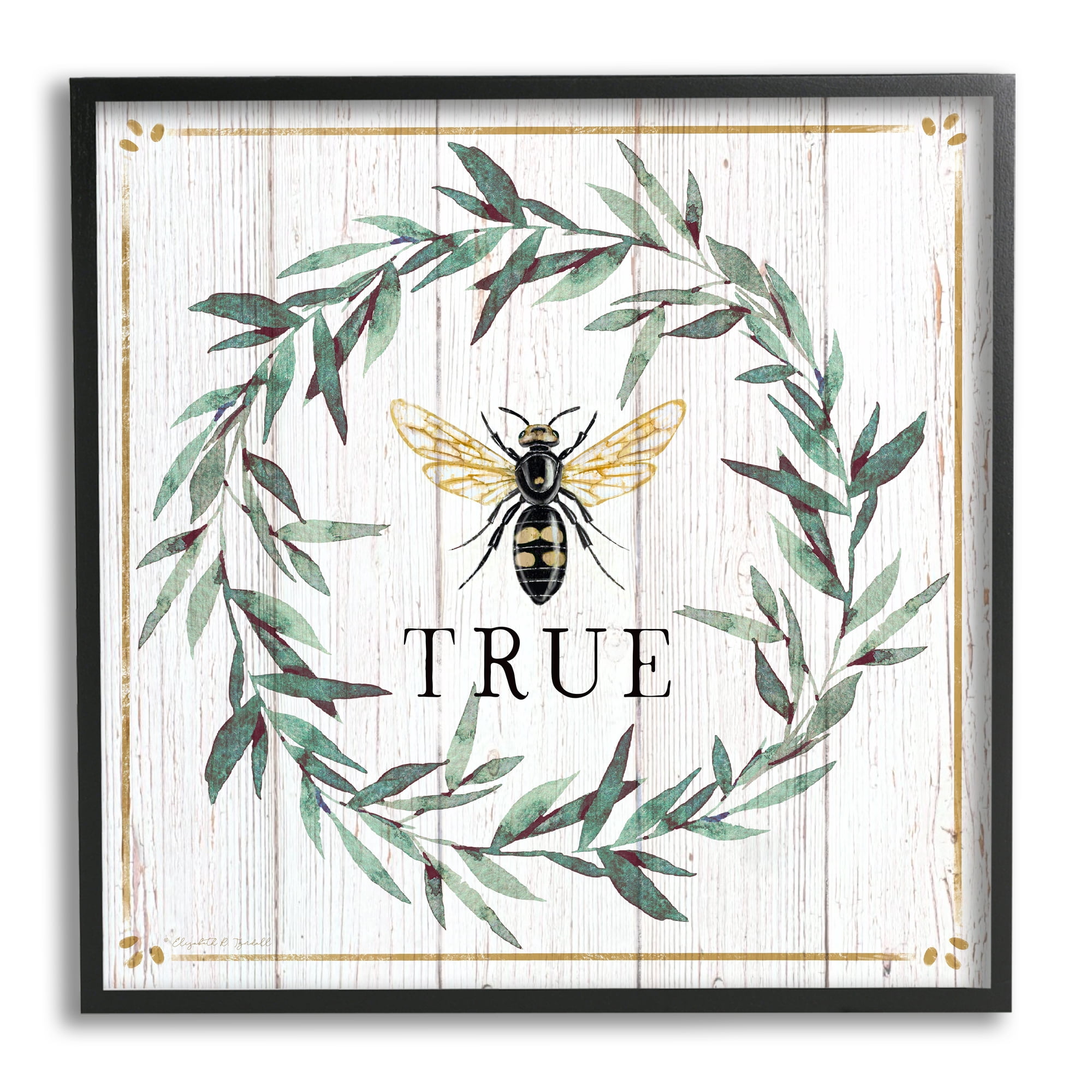 Bee True Sentiment Country Floral Insect Pun Animals & Insects Framed Art Print Wall Art, 17x17