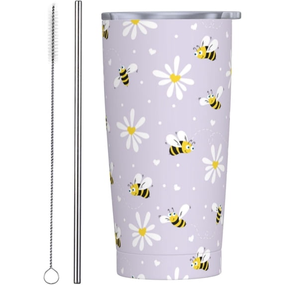 Bee Tumbler 20oz Funny Animal Stainless Steel Insulated Tumblers with Lid and Straw Purple Travel Coffee Mug Tea Wine Cups Water Bottle Sport Gifts for Women Bee lover