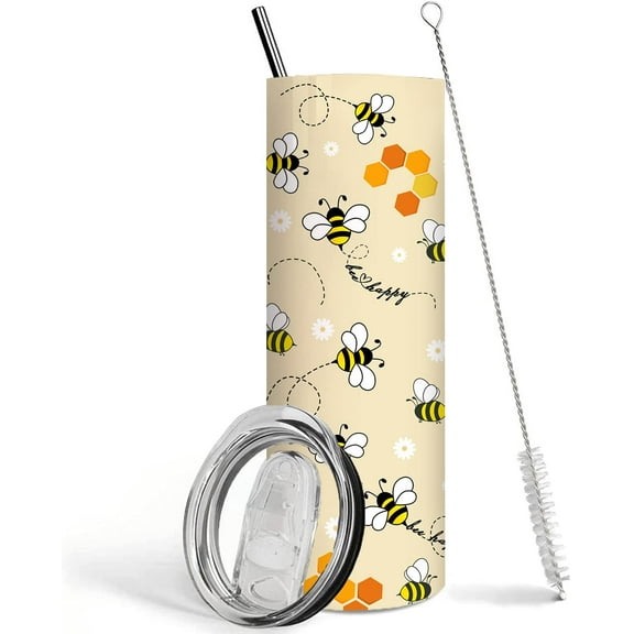 Bee Tumbler With Lid and Straw Bee Mug Bee Happy Coffee Mug Cup Honey Bee Gifts for Women Daisy Flowers and Bee Decor