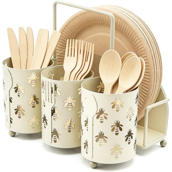 Bee Utensil Caddy Silverware Holder Fork Spoon Napkin Paper Plate Organizer Metal Cutlery Flatware Organizer for Party Kitchen Countertop Camping Picnic - Cream White