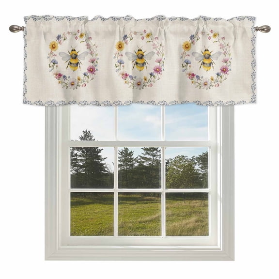 Bee Valances for Windows, 42x12in, Retro Insects Yellow Floral Wreath Pastoral Linen Texture Country Rod Pocket Kitchen Valance Curtain Light Filtering Window Treatments for Living Room Bedroom
