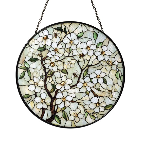 Bee Visiting Blossoming Tree Stained Glass Style Window Hanging Suncatcher, Lively Nature Inspired Decor Gift