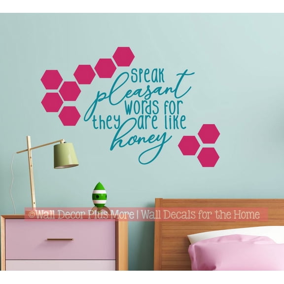 Bee Wall Decor Sticker Speak Pleasant Words Like Honey - Quote Decals for Wall - Honeycomb Wall Art Decal Sticker - Matte Vinyl Wall Decal Sayings for Wall Décor, Teal-Hot Pink