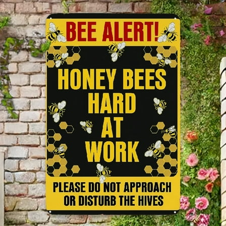 Bee Warning Sign, Honey Bees Hard at Work, Funny Bee Wall Decor for Home Garden Yard Farmhouse Wall Decor Metal Signs Rust Free 12x8, Pre-Drilled Holes, Weather Resistant Novelty Sign, Metal plaque