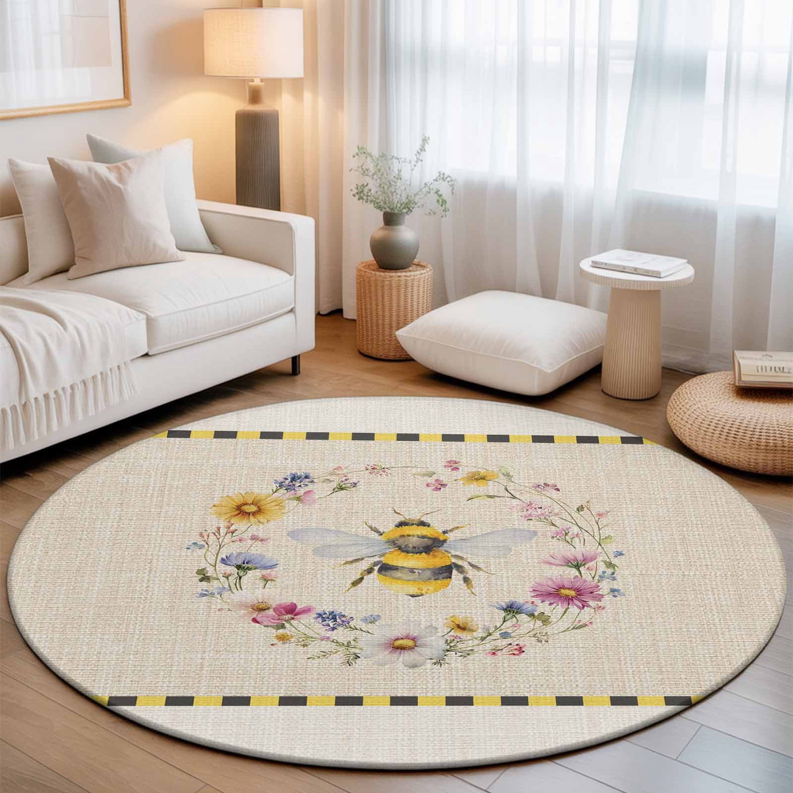 Insect Area Rug Bee Washable Round Area Rug 8 ft, Insects Yellow Floral Wreath Pastoral ...