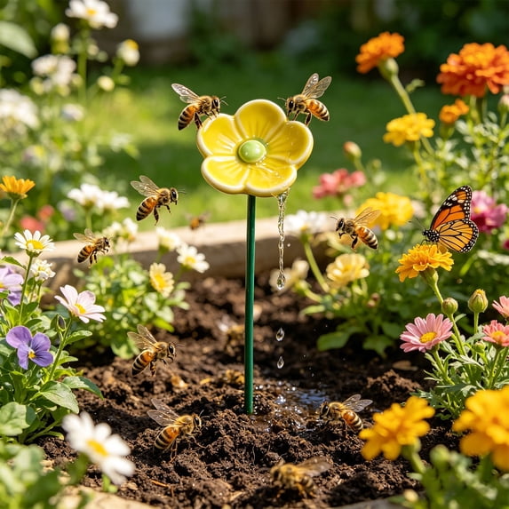 Bee Water Feeder Stake Ceramic Pollinator Drinking Station Weatherproof Flower Shape Bird Butterfly Water Dispenser for Outdoor Garden Yard Patio Lawn Decor